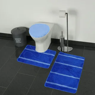3-Teilig Bad Garnitur Badematte Badvorleger Wasser absobierend Kleine Streifenmuster rutschfest Blau