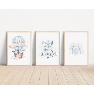 MeinBaby123® Bilder Kinderzimmer | 3er Set DIN A4 | Kinderzimmer Poster | Deko Bilder Babyzimmer | Regenbogen Taufgeschenk, Geschenk zur Geburt (Elefant & KrokoV2)