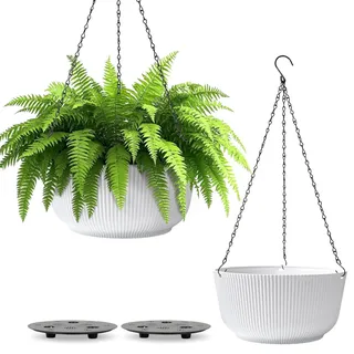 T4U Φ30cm Blumentopf Hängend Plastik 2er Set, Blumenampel Hängend außen mit Ketten, Hängetopf für Pflanzen mit Wasserspeicher für Garten Balkon Wohnzimmer, Hängeampel Outdoor Innen für Pflanzen, Weiß