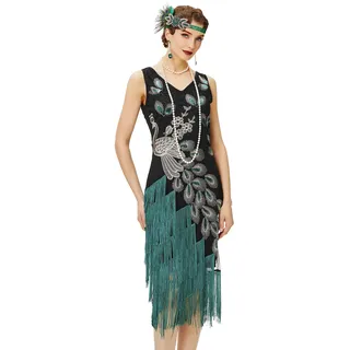 BABEYOND 1920er Jahre Vintage Pfau Pailletten Kleid Gatsby Fransen Flapper Kleid brüllend 20er Jahre Party Kleid, Schwarz mit grünen Fransen, Mittel