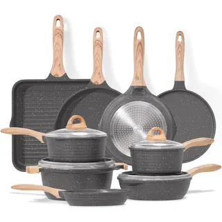 JEETEE Wesentlich Topfset Pfannenset 23-tlg. Antihaft-Granit Induktion Kochtopf Set met Deckel Bratpfanne Kasserolle Grillpfanne Crêpe-Pfanne Grau