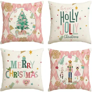 Artoid Mode Rosa Diamant Plaid Nussknacker Baum Frohe Weihnachten Kissenbezüge 4er Set, 45x45cm Winter Zierkissenbezug Couch Wohnzimmer Deko