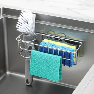 3-in-1 Schwammhalter für die Küchenspüle, Hängender Spülbecken-Organizer – für Schwamm, Geschirrtuch, Bürste, Scheuerschwamm, Seifenschale, Edelstahl 304