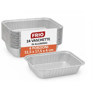 FRIO - 24 Rechteckige Aluminium-Behälter für Lebensmittel | 4 Portionen 17,5x22,5x4 cm | Einweg Schalen, Platten und Schüsseln | Ofen- und Gefriergeeignet | Ideal für Camping, Picknick & Take-away