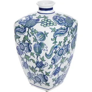 Gilde Vase Fayencen - Keramik - glasiert mit Blumenmuster - Höhe 31 cm x Ø 18 cm - blau-weiß - Dekovase