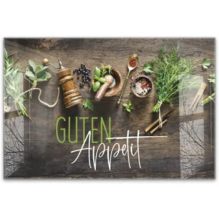 timalo Küchenbild aus Acrylglas modernes Wandbild Glasbild Deko Küche XXL Acryl-Bild wie Glas | 60x40cm Kräuter& Gewürze auf rustikalem Holztisch, Guten Appetit