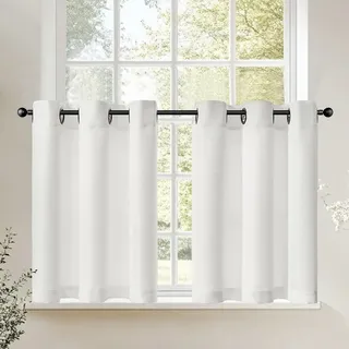 TOPICK Scheibengardinen Küche 2er Set 60Hx95B Weiß Bistrogardine mit Ösen | Bistrogardine Modern Gardinen Kurz Lichtdurchlässig Leinenoptik Küchengardinen für Kleine Fenster Wohnmobil Küchenfenster