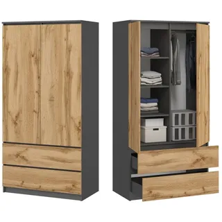 home collective Kleiderschrank Schrank 90cm breit mit 2 Schubladen, 3 Einlegeböden und Kleiderstange – Grau, Braun