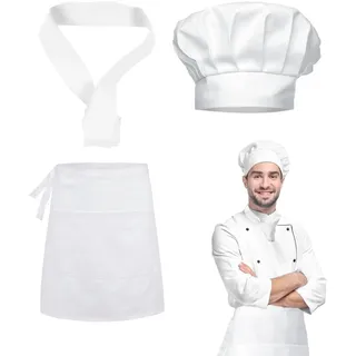 TICKLELY Kochmütze und Schürze-Set Weiß, Verstellbare Kochschürze für Herren und Damen, Unisex Koch Kostüm, Küchenzubehör, Inkl. Kochmütze, Schürze und Küchentuch