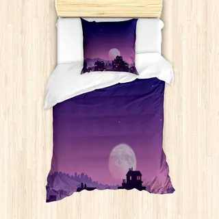 ABAKUHAUS Karikatur Bettbezug Set für Einzelbetten, Mond Sternenhimmel, Milbensicher Allergiker geeignet mit Kissenbezug, Lila Marine - Lila