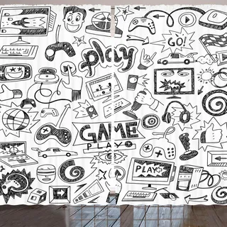 ARANDE Videospiele Gardine, Karikatur Stil Computerspiele Joystick Gamepad Kopfhörer Und Konsolen Spielen, 280 x 245 cm, Weiß Schwarz - Schwarz