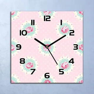 Wanduhr Echt-Glas-Küchenuhr Vintage rosen blau Quarz 30x30 Deko Bilder - Rosa