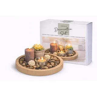Topshop24you Dekoteller Holz Ø 25 cm Set mit Kerzen & Teelichtern – Tablett rund mit Glas Windlichtern & Dekosteinen, Geschenkidee Home (Rund)