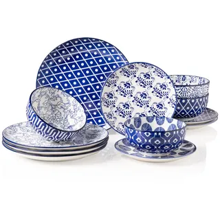 Sweejar Home Keramik-Geschirr-Set für 4 Personen, 12-teiliges Porzellanteller und -Schüssel-Set, klassisch, modern, schlicht, Küchen-Geschirr-Set, spülmaschinen- und mikrowellengeeignet(Kobaltblau)