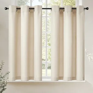 TOPICK Scheibengardinen Küche 2er Set 90Hx 95B cm Beige Bistrogardine mit Ösen Modern Gardinen Kurz Lichtdurchlässig Leinenoptik Küchengardinen für Kleine Fenster Wohnmobil Küchenfenster