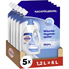 Sagrotan Wäsche-Hygienespüler Himmelsfrische Nachfüller – Desinfektionsspüler für hygienisch saubere und frische Wäsche – 5 x 1,2 l Reiniger im praktischen Vorteilspack