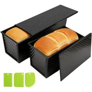 VINATO 2er Set Brotbackform mit Deckel, 32x12x12cm & 21x12x12cm, Toastbrot Backform, Kastenform mit Deckel, Brotformen zum Backen, Kohlenstoffstahl, Antihaftbeschichtet, Schwarz