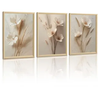 WENGTIAO Leinwand Bilder mit Rahmen Beige Weiß Geblümt Wandbilder, Aesthetic Minimalist Blumen Bild auf Leinwand Kunstdrucke für Modern Wohnzimmer Schlafzimmer Flur Treppe Wanddeko 40x60cmx3