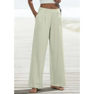 Palazzohose H.I.S, Damen, Gr. 32/34, N-Gr, beige (salbei), Obermaterial: 90% Polyester, 10% Elasthan, Basic, bequem lang, Hosen Palazzohose, mit weitem Bein und kleinen Falten am Bündchen, Loungewear, Topseller