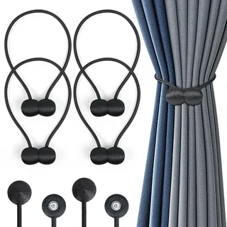 Romon Magnetische Vorhang Raffhalter,4 Stück Vorhanghalter Seil,Duschvorhang Rückhalter,Starke langlebige Magnet Holdbacks Schnallenseil für Zuhause,Büro,Fenster dekorativ,hübsch und modisch,Schwarz