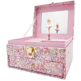 HUTRADE Mädchen Schmuckkästchen mit Musik, Ballerina & Schublade – Schmuckbox mit Spiegel, Blumenmuster, Geschenkidee für Kinder