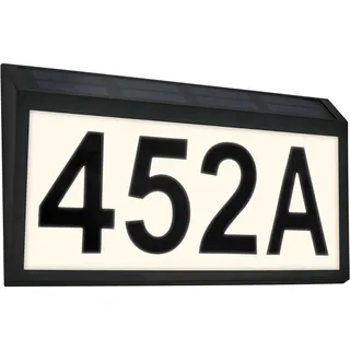 Briloner - Hausnummer Solar mit Dämmerungssensor, Spritzwasserschutz, warmweiße Lichtfarbe, Aussenlampe, Wandlampe, LED Strahler, Außenbeleuchtung, Außenleuchte, 28x18x3,5 cm, Schwarz