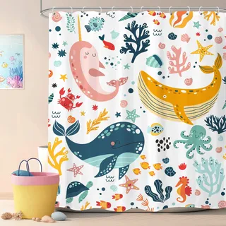 LGhtyro Lustiger Wal Kinder Kinderzimmer Duschvorhang Badezimmer-Set 152 x 180 cm (B x H x H), niedlicher Fisch, Ozean, Cartoon, Seestern, Badezubehör für Jungen und Mädchen, Heimdekoration, Stoff, 12