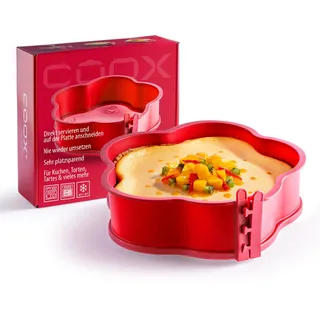 coox Springform Blume mit Glas-Servierplatte & Glasfüßen Ø 26 cm - Backen & Servieren in Einem I Antihaft-Silikon I Spülmaschinenfest I Kein Umsetzen I BPA-frei Rot