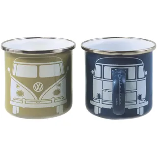 BRISA VW Collection - Volkswagen 2er Set Emaille Kaffee-Tee-Cappuccino-Tasse-Becher-Haferl Mug für Camping & Outdoor T1 Bus (350 ml x2/Blau & Grau)