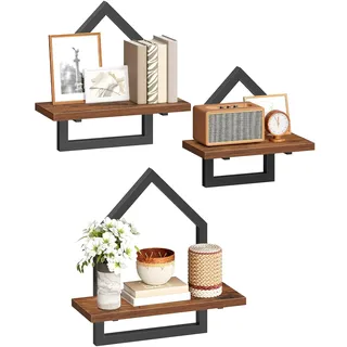 HOOBRO Wandregale, 3er-Set (groß, mittel, klein), Schweberegale, Wandboards mit fünfeckigem Metallrahmen, DIY-Kombination für Wohnzimmer, Schlafzimmer, Bad, Küche, Vintagebraun und Schwarz EBF12BJP301