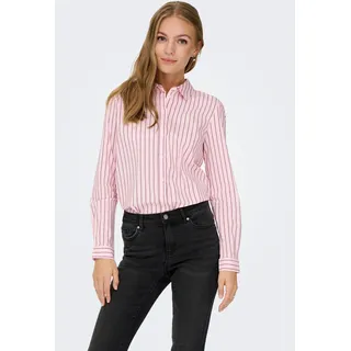 Hemdbluse JDY "JDYMIO L/S SHIRT WVN NOOS", Damen, Gr. 36, rosa (chalk pink stripes:fig), Web, Obermaterial: 72% Baumwolle, 24% Polyester, 4% Elasthan, gestreift, regular fit hüftlang, 1-Knopf-Manschette, Blusen Hemdbluse, Baumwollmischung, regular fit
