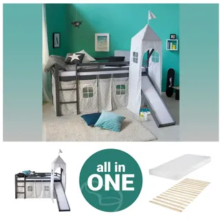 Homestyle4u Hochbett 90 x 200 cm Kiefer massiv grau