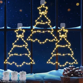 Quntis 3er Weihnachtsdeko Fenster 38cm große Weihnachtsbaum aus Metall 210LED Weihnachten Fensterdeko mit Batterie Timer Haken 8 Modi Hängende Weihnachtsbeleuchtung für Innen Außen Fenster Wand