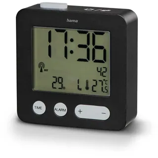 Hama Funkwecker mit Batterie (Wecker mit digitaler Funkuhr, lautlos, klein, Funkwecker mit Beleuchtung, Speed Alarm, Snooze, Temperatur, Datum, 6,5 x 2,1 x 6,5 cm idealer Reisewecker) schwarz