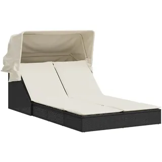 vidaXL Doppel-Sonnenliege mit Dach und Auflagen Schwarz Poly Rattan - Schwarz