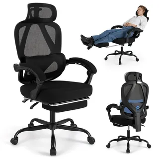 FANTASK Drehstuhl für Zuhause mit einziehbarer Fußstütze, Bürostuhl ergonomisch, Schreibtischstuhl mit Verstellbarer Rückenlehne, 70 x 70 x 114-122 cm, Schwarz
