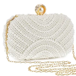 Xuhal Pearl Clutch Geldbörse Frauen Abendtasche Perlen Handtasche Künstliche Perlen Braut Geldbörse mit Kette für Hochzeit 1920er Jahre Party, Riemenart: Popup geschlossen