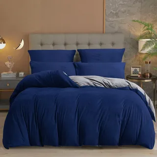 Damier Winter Plüsch Bettwäsche 220x240 Warm Blau Dunkelblau Grau Einfarbig Cashmere Touch Wende Bettwäsche Set Kuschelig Flauschige Bettwäsche 3 Teilig mit Reißverschluss und 2 Kissenbezüge 80x80 cm