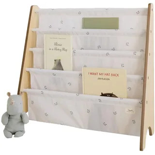 3 Sprouts Bücherregal Kinder, 35 Bücher, Heidelbeere Elfenbein | frontale Stoffablagen mit 4 Ebenen für Kinderzimmer, Kita und Leseecke Geschichten bleiben sichtbar und griffbereit