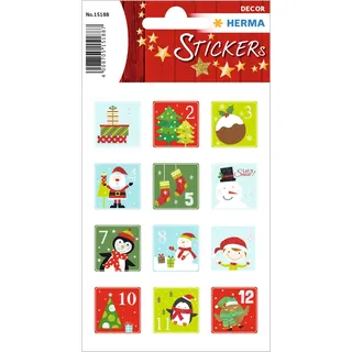 HERMA 15188 Aufkleber Zahlen 1-24 Glitzer, 24 Stück, Weihnachten Sticker mit Weihnachtsmann Weihnachtsbaum, Nummer Ziffer Klebezahlen Etiketten für Weihnachtsdeko Adventskalender Deko DIY Basteln