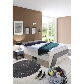 Jugendbett Set mit Bett 140x200 cm und Nachttisch LEEDS-10 in Sandeiche Nb. mit weiß, Lava und Denim Blau - Grau