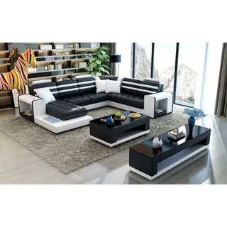 Ecksofa Polster Ecksofa U Form Couchtisch Sideboard Ledersofa JVmoebel - Schwarz