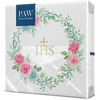 PAW - Servietten 3-lagig (33 x 33 cm) I 20 Stück I Perfekt für Kommunion, Konfirmation, Taufe I Ideal für Jungen & Mädchen I Tischdeko Elegante Papierservietten - IHS Rosen I Delicate Roses