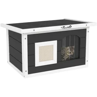 PawHut Katzenhaus aus Holz wasserdicht Katzenhütte mit klappbar Asphaltdach Kratzmatte herausnehmbar Boden Katzenhöhle Katzenkiste Katzenbox Outdoor Schutzhütte für Draußen Garten 61x45x36,5 cm, Grau