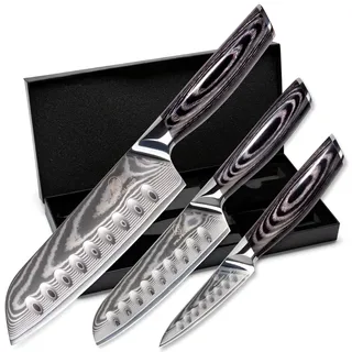 Wolfblood PRO 3er Santoku Damastmesser Set XL (31, 23 und 19cm) TÜV geprüfter 62 HRC Damaststahl aus 67 Lagen I Damast Küchenmesser Set mit Holzgriff Geschenkbox & Klingenschutz