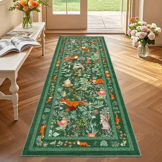Geanup Teppich Läufer Flur 60x180 cm, Grün Küchenläufer Waschbar rutschfest, Weicher Schlafzimmer Teppich Läufer, Märchenstil Fuchs Flurteppich für Korridor Waschküche Wohnzimmer Kinderzimmer