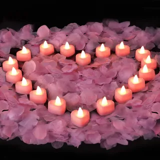 AMAGIC 2000 künstliche Rosenblätter & 24 herzförmige LED Teelichter Set - Romantik Set für Heiratsantrag, Jahrestag, Valentinstag, Hochzeitstischdeko,Rosa