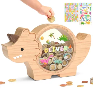Summidate Dinosaurier Sparschwein aus Holz für Kinder und Jungen, süße Dino Spardose aus Holz für Kleinkinder, kreatives Sparschwein, personalisiertes Geschenk für Kindergeburtstag und Dekoration