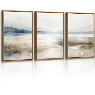 3 Pcs Abstrakt Berg Seen Leinwand Bilder mit Rahmen Set, Neutral Natur Landschaft Wandbilder Neblig Blau Weiß Landschaft Bild Auf Leinwand Poster Deko für Wohnzimmer Schlafzimmer Büro 40X60cmx3 Pcs