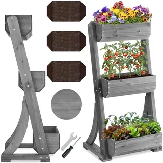 tectake® Vertikalbeet mit 3 Etagen, Hochbeet aus Holz, Pflanztreppe, Hochbeet Balkon, Blumenbeet, Kräuterbeet, Gemüsebeet, Pflanzenregal, Blumenkasten Holz mit Pflanzvlies - grau, 60 x 49 x 140 cm
